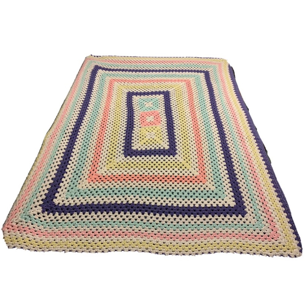 Vintage pastel rainbow colors & ivory hand made Crocheted Afghan 60” x 80”